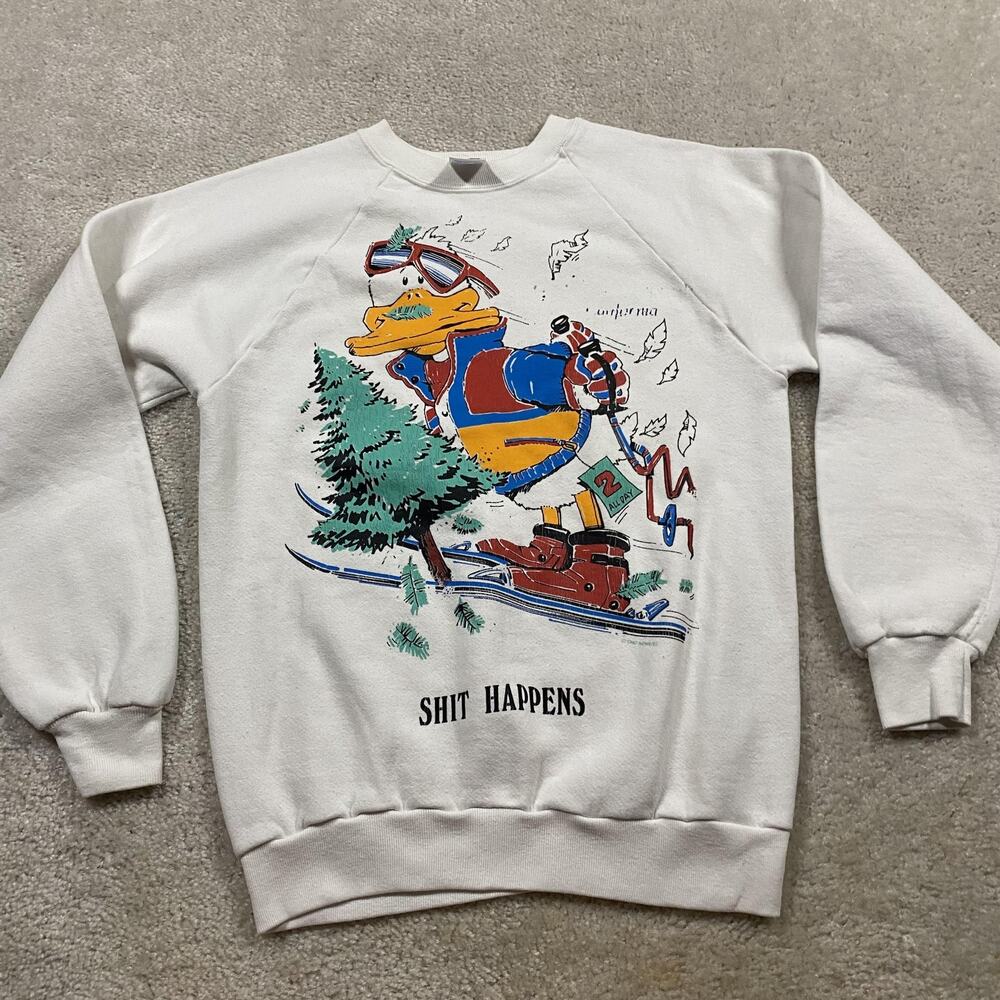 VTG 80s Jerzees Sweatshirt Mens M White Sh*t Happens Crewneck Ski Duck